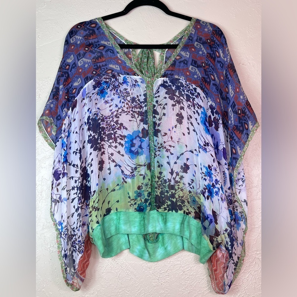 Anthropologie Green Blue Floral Sheer Blouse